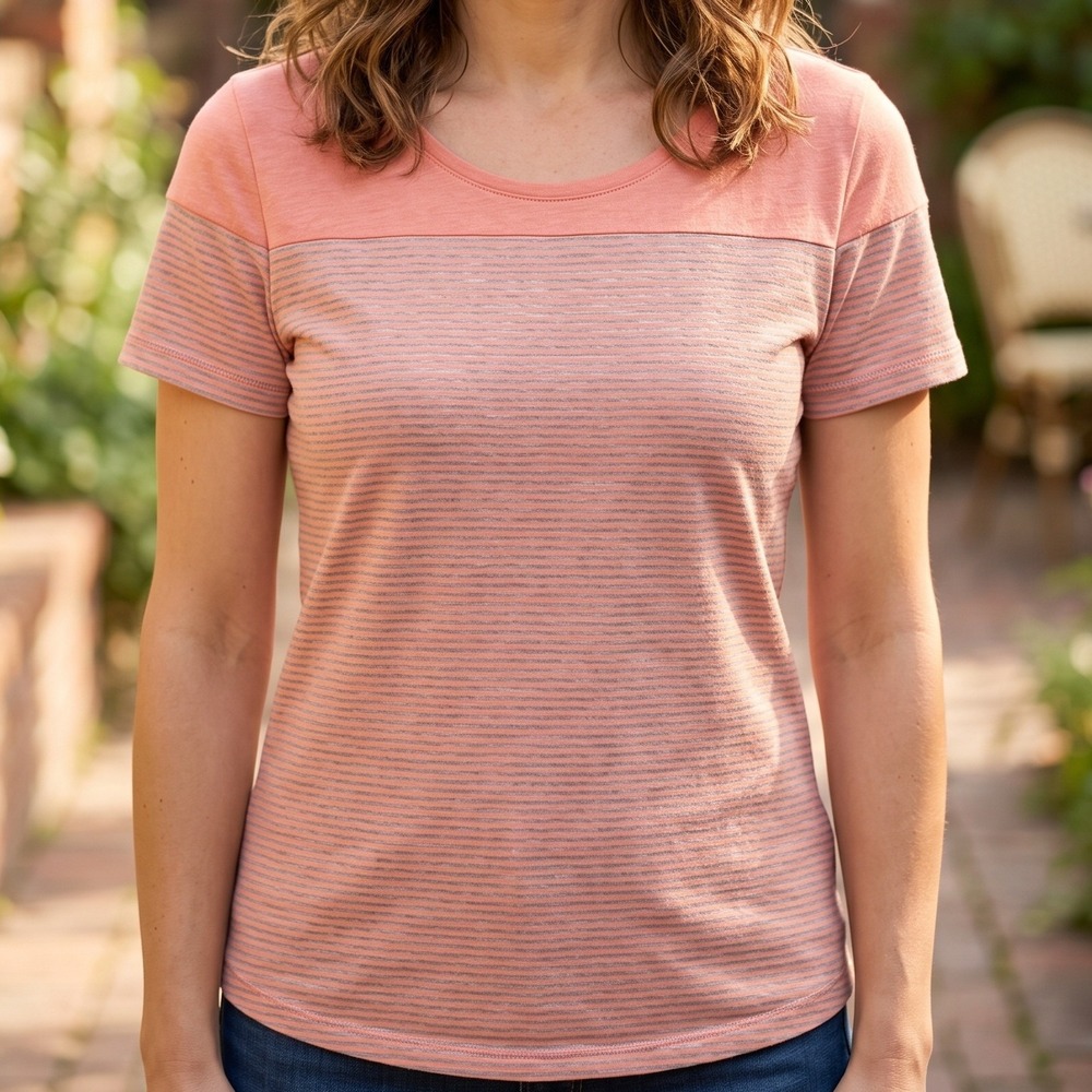 Kuhl Womens Short Sleeve Scoop Neck Striped T-Shirt Coral Grey Outdoor Hiking